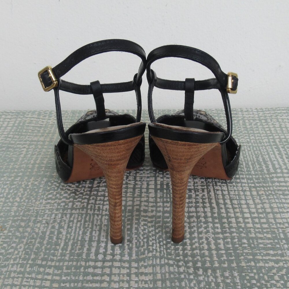 TORY BURCH, ALEXA Genuine Leather Peep Toe High Heel Sandal Black & Tan Sz. 6.5 - Picture 7 of 13